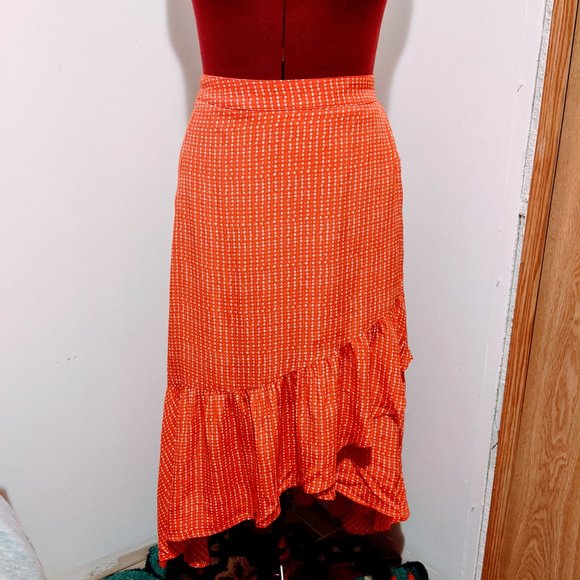 GAP Red and White A-Line Midi Skirt with Ruffled High-Low Hem - Picture 8 of 8